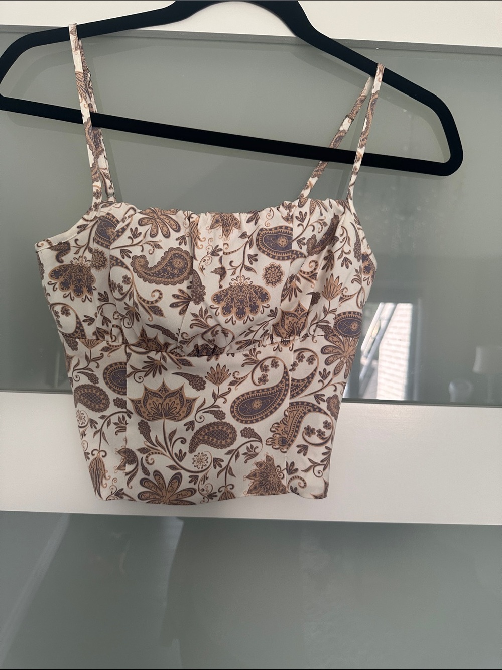 Dynamite White & Brown Paisley Spaghetti Strap Crop Top
